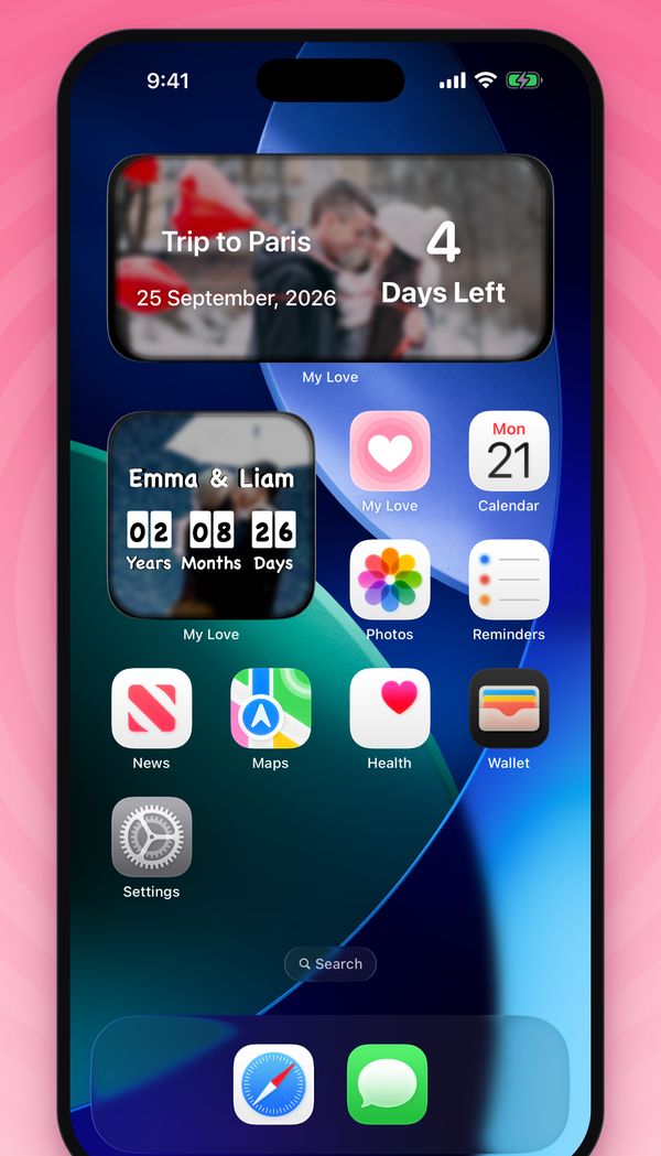 Home Screen widgets showing a day counter and a trip countdown